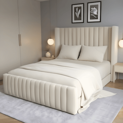 Majestic Wingback Platform Bed with upholstered wingback headboard in modern bedroom