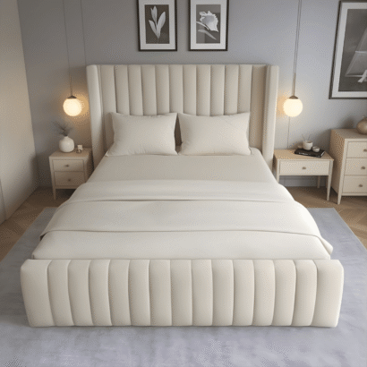 Modern Majestic Wingback Platform Bed featuring vertical channel tufted upholstery