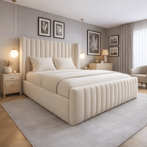 Luxury Majestic Wingback Platform Bed in ivory fabric for contemporary interiors