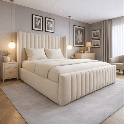 Luxury Majestic Wingback Platform Bed in ivory fabric for contemporary interiors