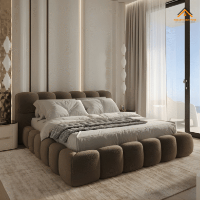 Luxury upholstered platform bed in taupe velvet with bubble tufted headboard and frame.