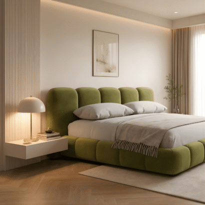 Modern Tufted Furniture Bed with premium olive green upholstery by Ansary Furniture UAE
