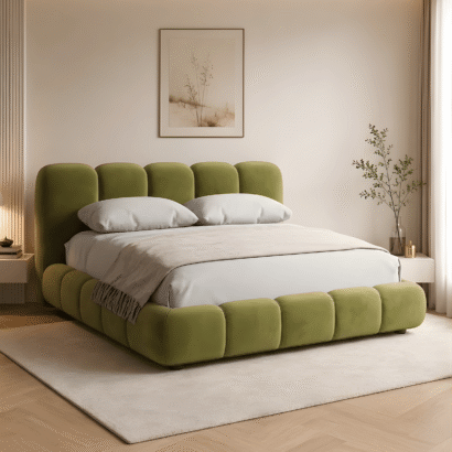 Contemporary Modern Tufted Furniture Bed with padded headboard and durable wooden frame