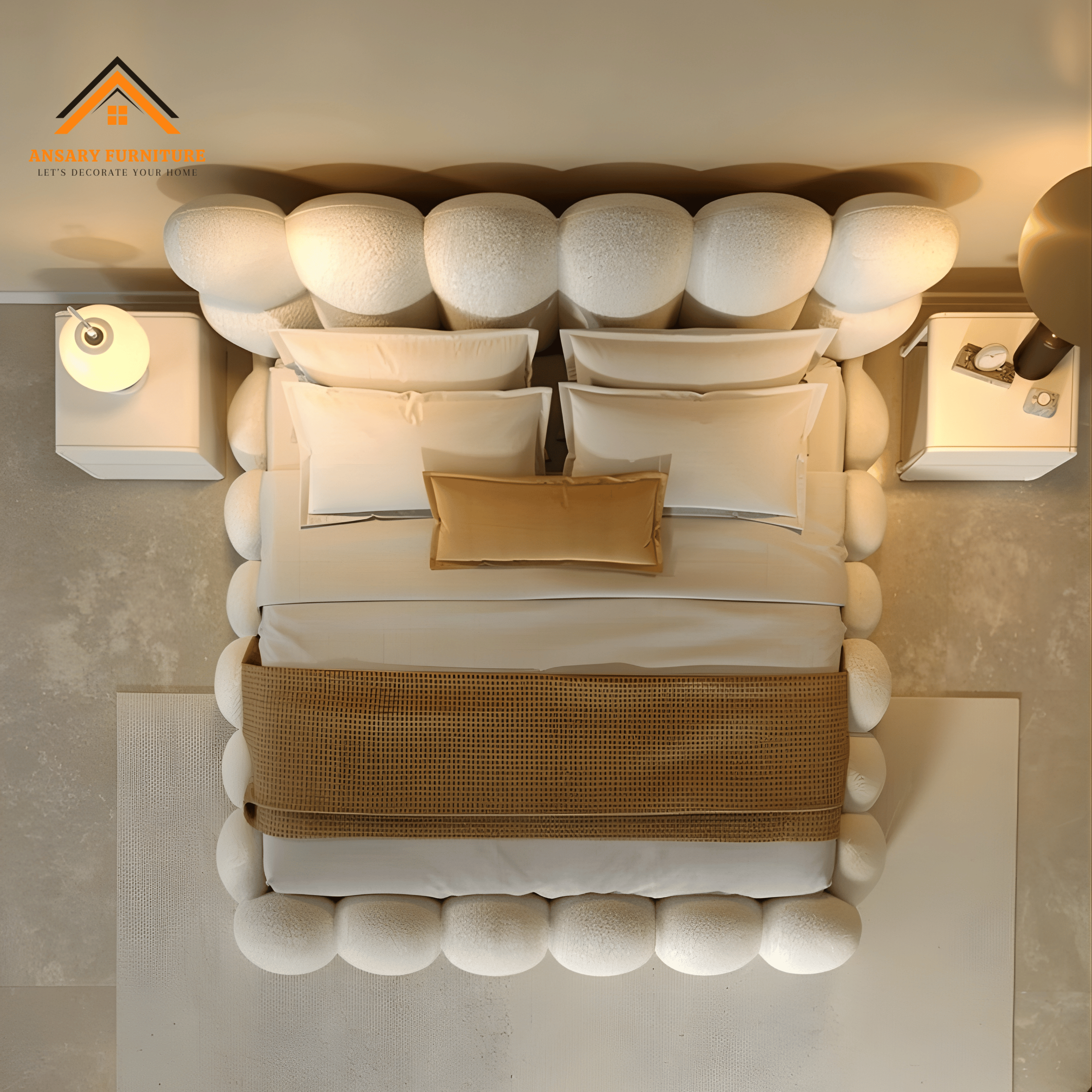 Contemporary Modern Bubble Bed with upholstered bubble headboard and premium fabric crafted by Ansary Furniture.