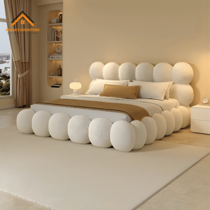Luxury Modern Bubble Bed in cream white upholstery featuring plush bubble frame for elegant bedroom interiors.