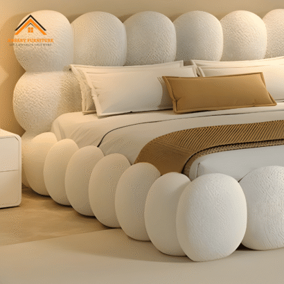 Modern Bubble Bed by Ansary Furniture with luxury upholstered bouclé fabric and contemporary bubble headboard design.