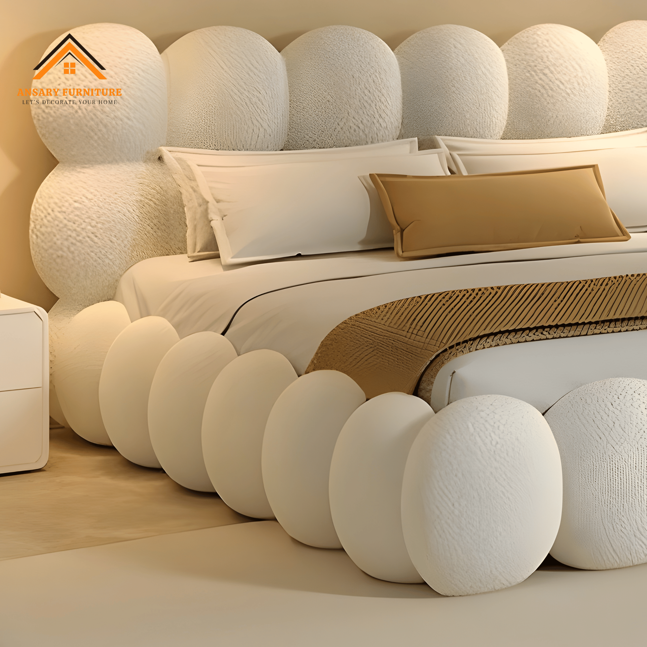 Modern Bubble Bed by Ansary Furniture with luxury upholstered bouclé fabric and contemporary bubble headboard design.