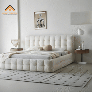 modern Puff Boucle Bed in premium white bouclé fabric with modern upholstered headboard by Ansary Furniture