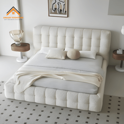 3. Modern bouclé upholstered bed with puff panel headboard for elegant bedroom interiors