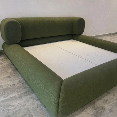 Modern olive green upholstered queen bed frame in Dubai UAE bedroom furniture