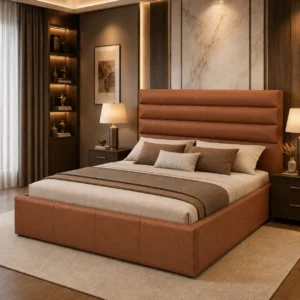 Modern Horizontal Channel-Tufted Bed with a padded upholstered headboard, designed for stylish bedrooms across the UAE.