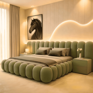 Contemporary bubble upholstered bed frame with padded headboard for modern home interiors in Dubai.