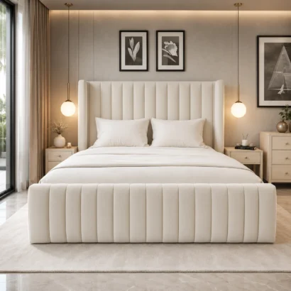 Majestic Wingback Upholstered Bed with Premium Bouclé Fabric in Dubai UAE