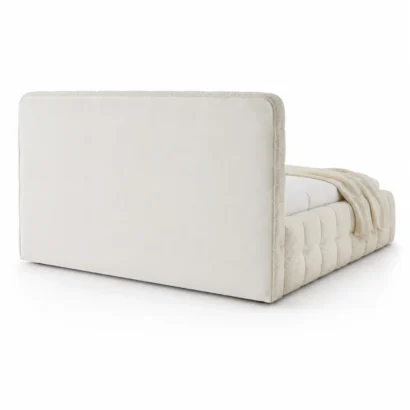 Rear view of Modern Puff Boucle Bed with clean upholstered back panel finished in premium cream bouclé fabric for modern interiors.