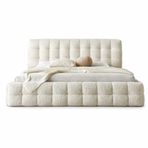 Front view of Modern Puff Boucle Bed in premium cream bouclé fabric with oversized padded headboard, luxury bed in Dubai, UAE.