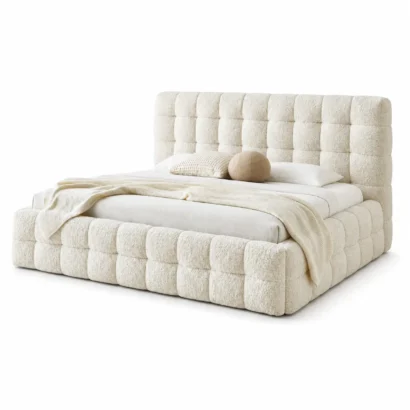 Left angle view of Modern Puff Boucle Bed with soft premium bouclé fabric and modern upholstered platform design in Dubai.