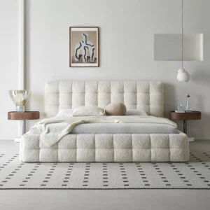Modern Puff Boucle Bed styled in a luxury contemporary bedroom with premium cream bouclé upholstery, available across Dubai and UAE.