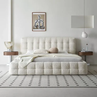 Modern Puff Boucle Bed styled in a luxury contemporary bedroom with premium cream bouclé upholstery, available across Dubai and UAE.