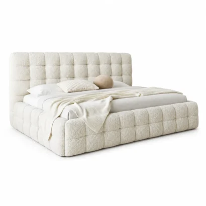 Right angle view of Modern Puff Boucle Bed featuring textured bouclé upholstery and contemporary cushioned frame for luxury bedrooms in UAE.