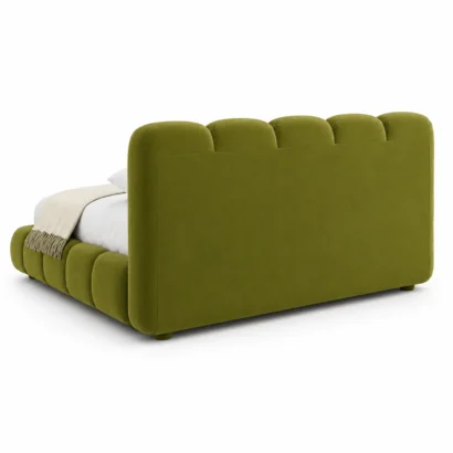 Back view of Modern Tufted Furniture Bed with clean upholstered rear panel in premium olive green velvet fabric.