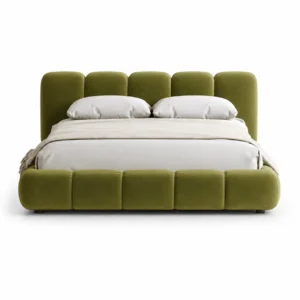 Front view of Modern Tufted Furniture Bed with premium olive green velvet upholstery for luxury bedrooms in Dubai, UAE.