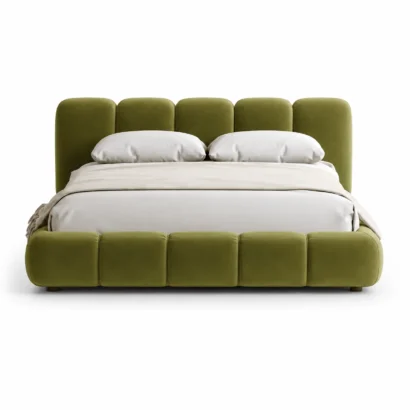 Front view of Modern Tufted Furniture Bed with premium olive green velvet upholstery for luxury bedrooms in Dubai, UAE.