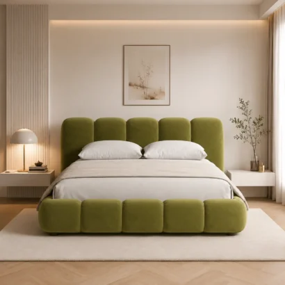 Modern Tufted Furniture Bed styled in a luxury contemporary bedroom with premium velvet upholstery, available in Dubai and across the UAE.