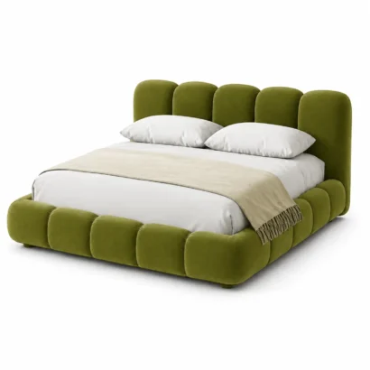 Right angle view of Modern Tufted Furniture Bed featuring soft velvet upholstery and a contemporary padded headboard.