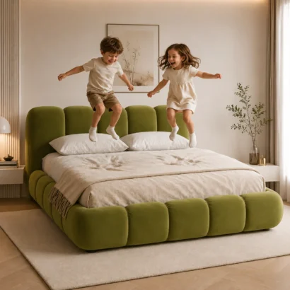 Side profile of Modern Tufted Furniture Bed with thick padded frame and luxurious velvet upholstery.