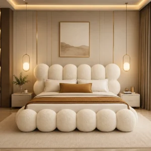 Luxury Modern Bubble Bed in Dubai featuring premium white bouclé upholstery and contemporary design