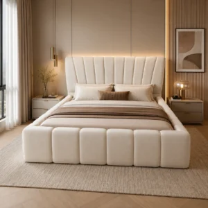 Contemporary Modern Round Headboard Platform Bed with elegant curved upholstery for sophisticated UAE interiors.