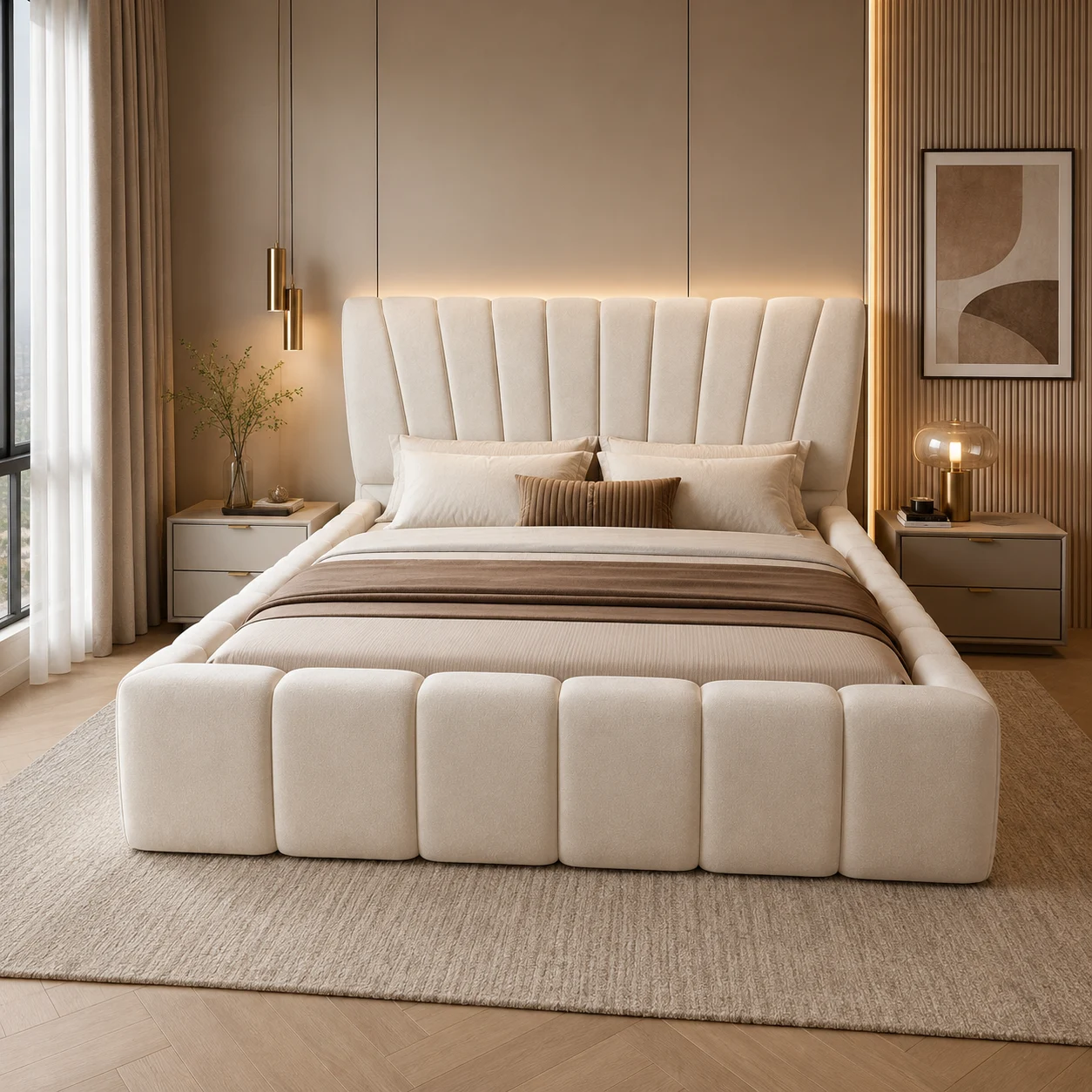 Contemporary Modern Round Headboard Platform Bed with elegant curved upholstery for sophisticated UAE interiors.