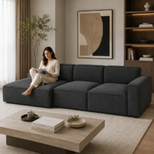 Modern 3-Seater Sectional Sofa in Dubai side profile with durable steel grey fabric and elegant minimalist design.