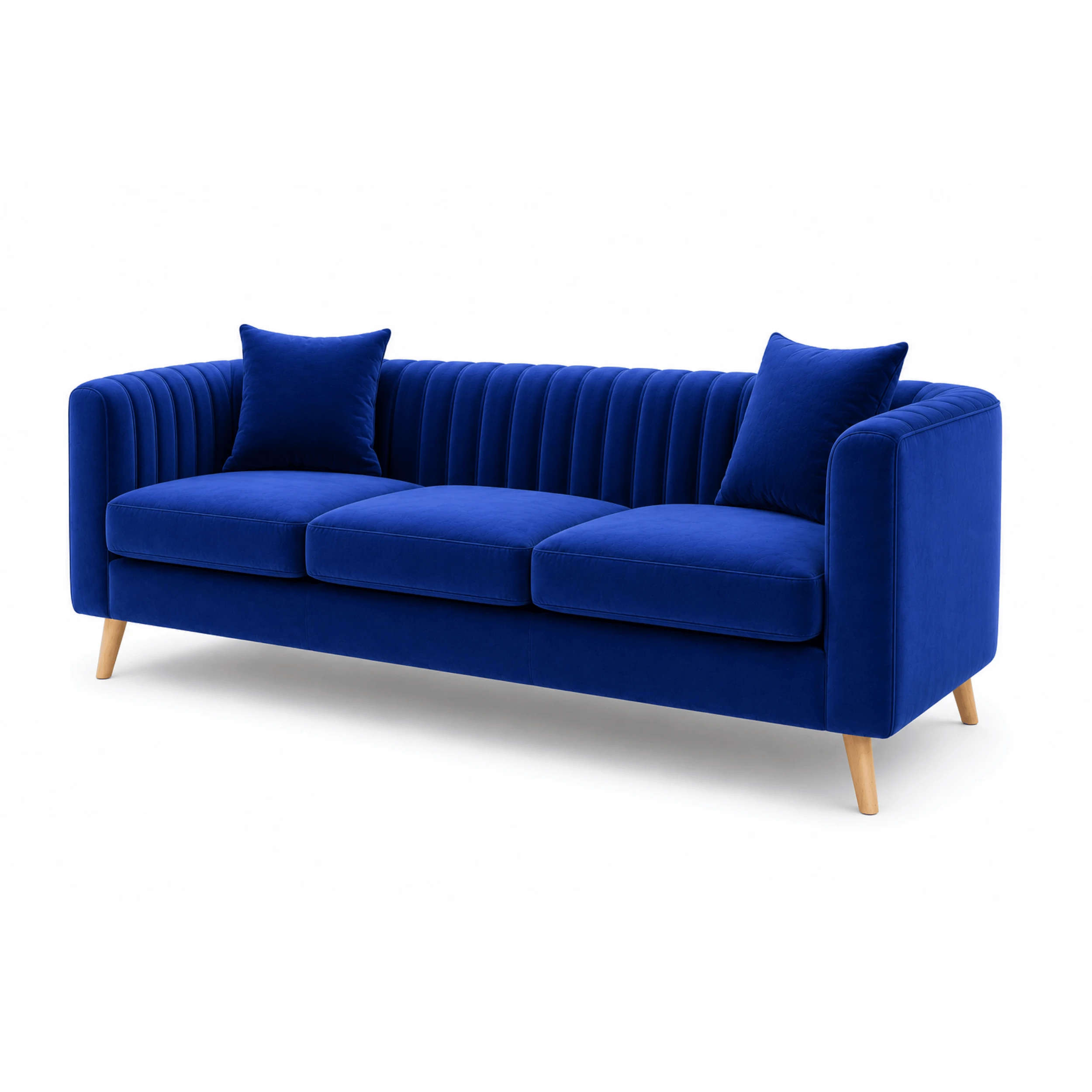 Modern 3-Seater Velvet Sofa in Dubai featuring channel tufted backrest and wooden legs