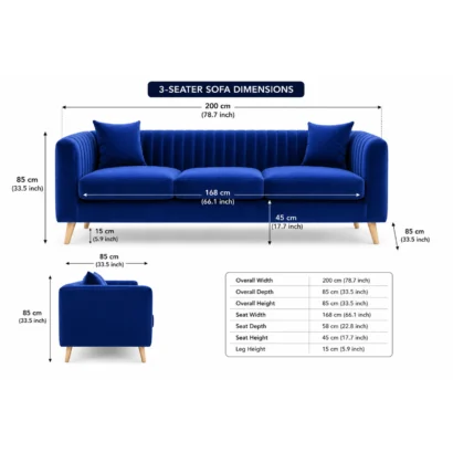 Royal Blue 3-Seater Velvet Sofa in Dubai with modern channel tufted backrest and wooden legs by Ansary Furniture UAE