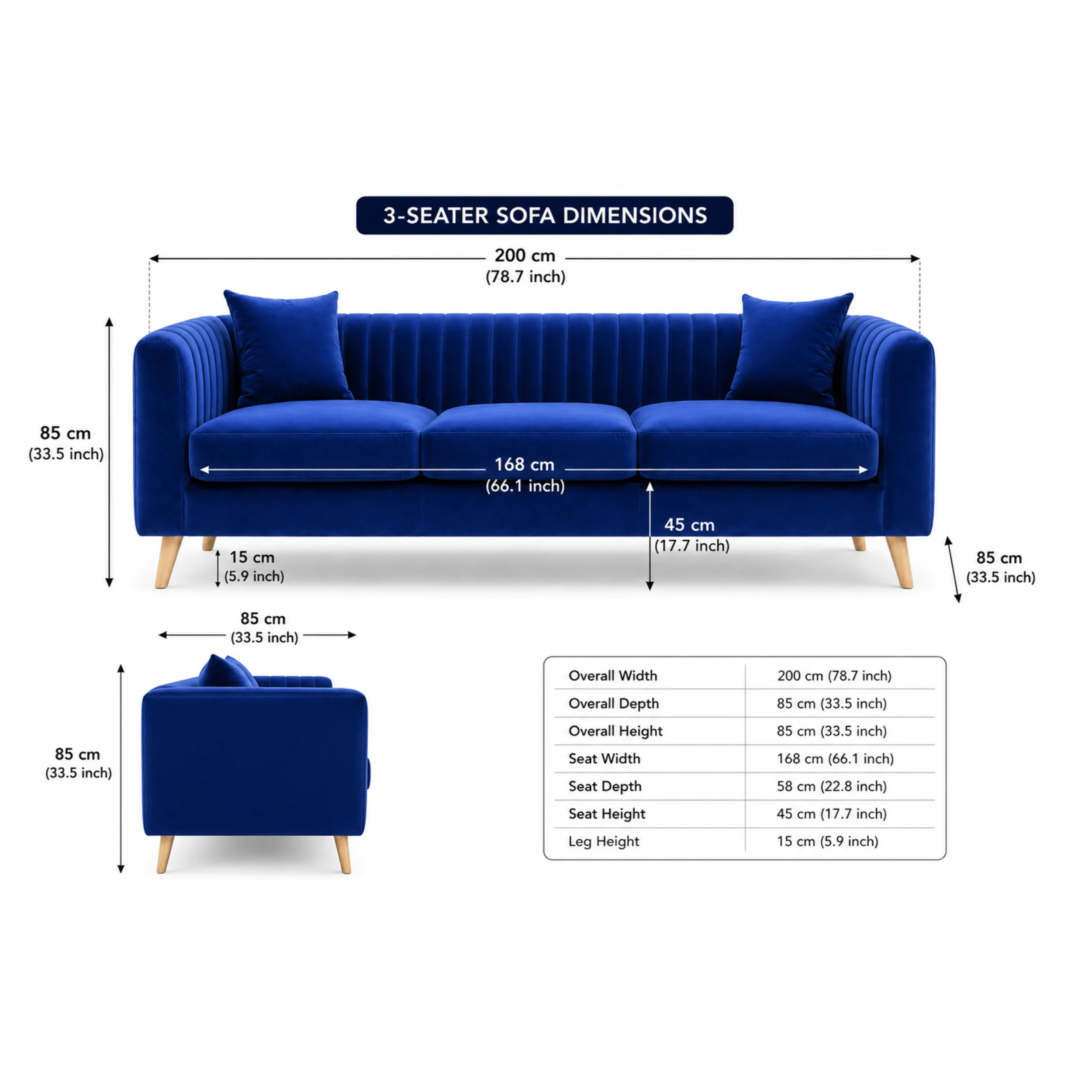 Royal Blue 3-Seater Velvet Sofa in Dubai with modern channel tufted backrest and wooden legs by Ansary Furniture UAE