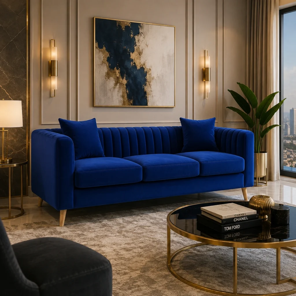 3-Seater Velvet Sofa in Dubai with premium blue velvet upholstery, modern channel-tufted design, and solid wood legs for luxury living rooms.