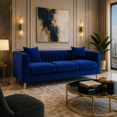3-Seater Velvet Sofa in Dubai with premium blue velvet upholstery, modern channel-tufted design, and solid wood legs for luxury living rooms.