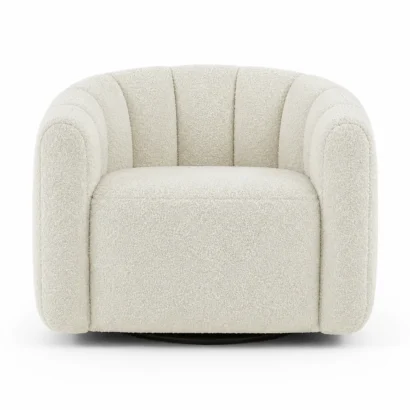 Affordable white bouclé swivel chair for modern living room furniture in UAE.