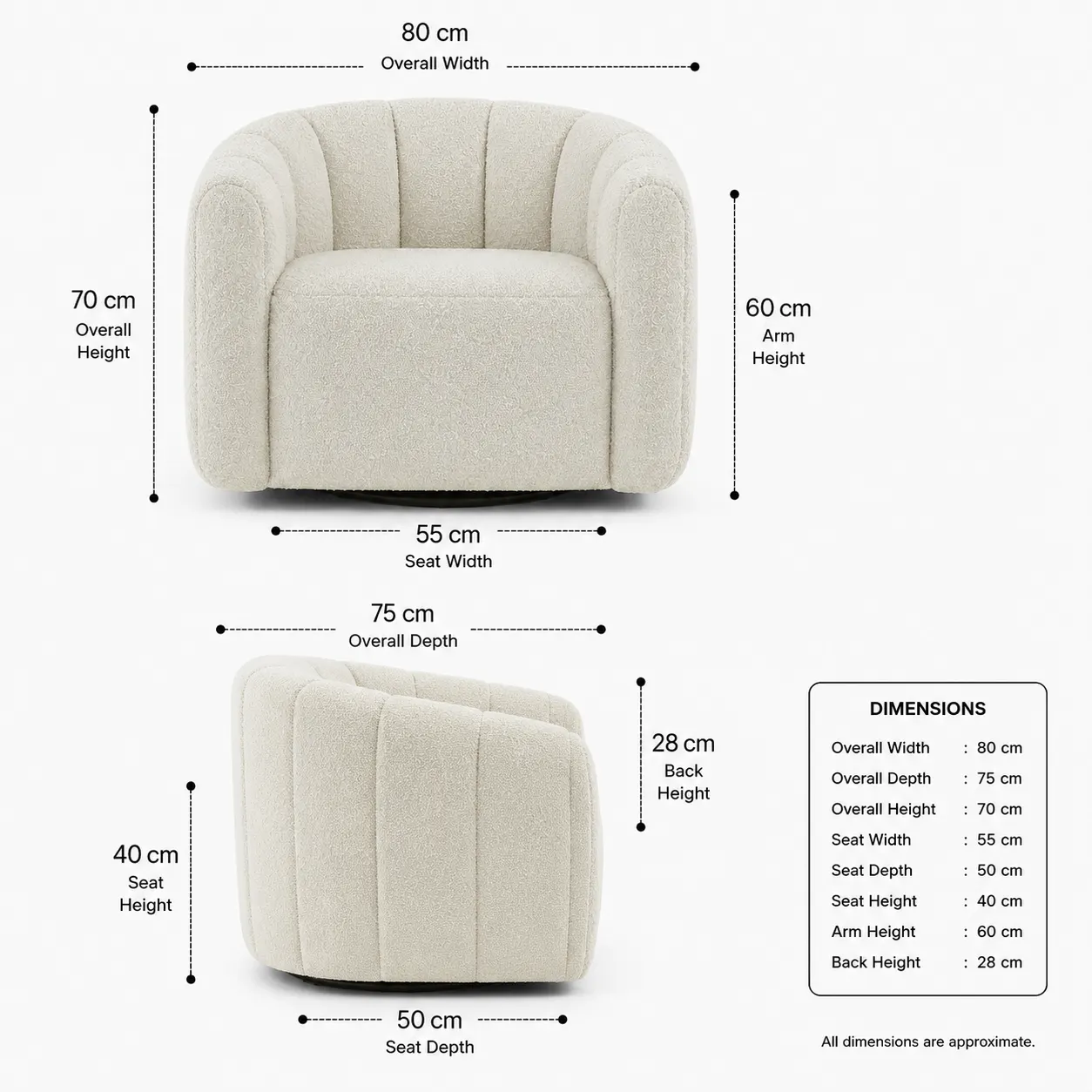 Modern affordable white bouclé club chair for homes and apartments in Dubai.