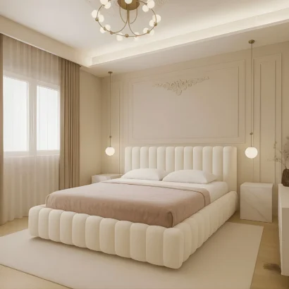 Ansary Milano Channel Tufted Upholstered Bed in cream bouclé fabric for luxury bedrooms in Dubai UAE