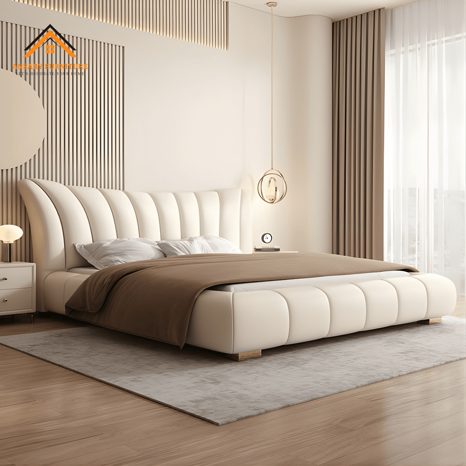 Premium upholstered round headboard bed by Ansary Furniture