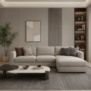 Modern Chesterfield fabric sofa with chaise for stylish living rooms in Dubai, designed for comfort and everyday luxury.