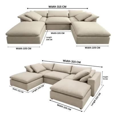 Modern feather linen sofa Dubai with spacious chaise lounge and premium comfort seating