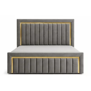 Milano Gold Frame Velvet Bed in grey with luxury upholstered headboard and gold trim by Ansary Furniture Dubai UAE