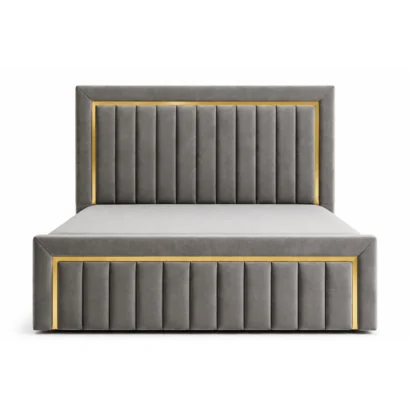 Milano Gold Frame Velvet Bed in grey with luxury upholstered headboard and gold trim by Ansary Furniture Dubai UAE