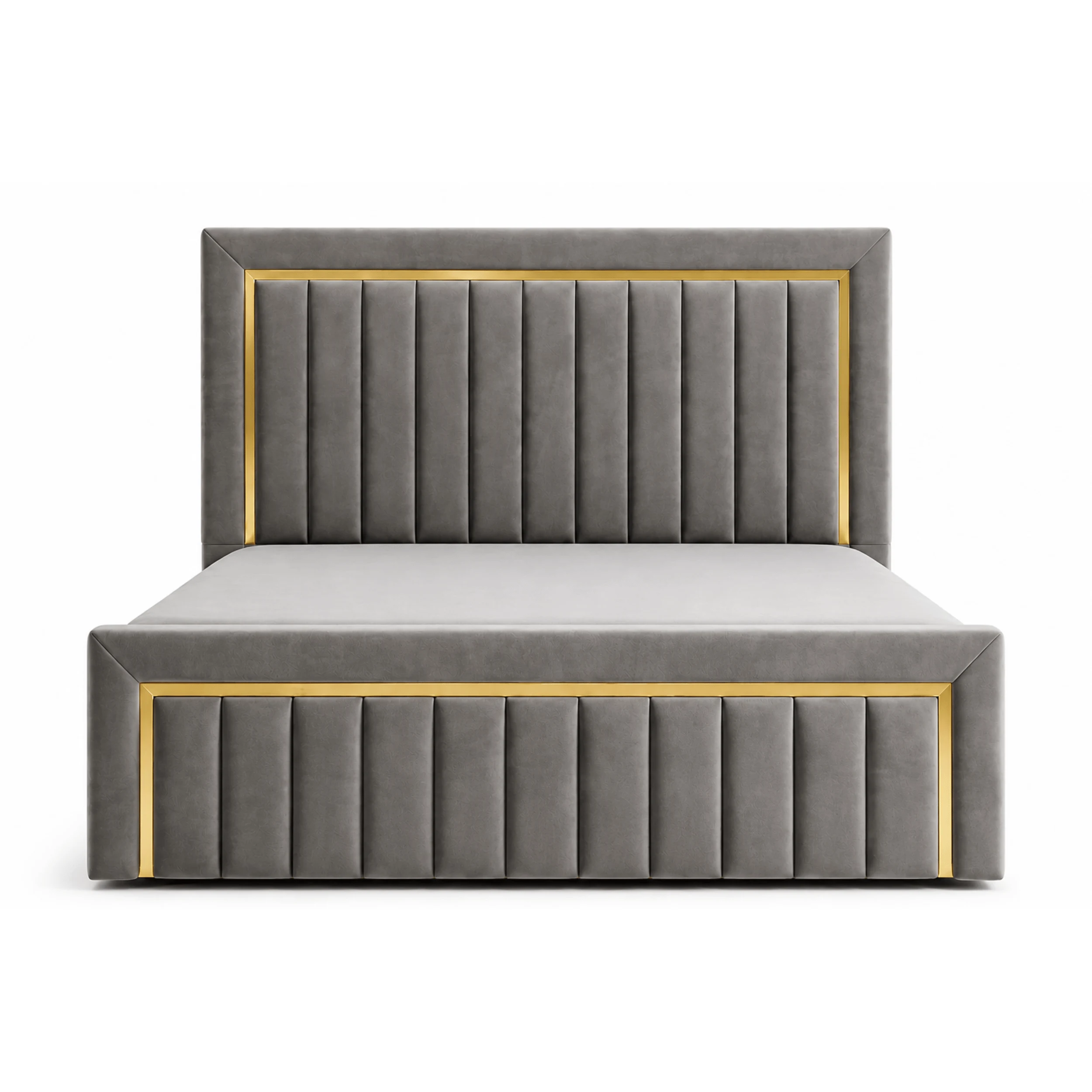 Milano Luxury Gold Frame Bed Dubai, UAE Milano Gold Frame Velvet Bed in grey with luxury upholstered headboard and gold trim by Ansary Furniture Dubai UAE