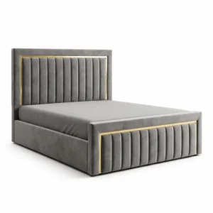 Modern Milano Gold Frame Velvet Bed featuring premium grey velvet upholstery and brushed gold accents in UAE