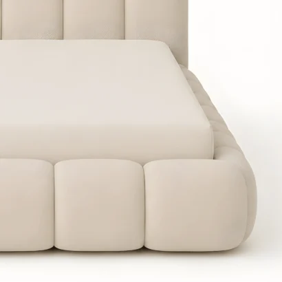 Luxury modern bouclé fabric bed with rounded upholstered headboard in Dubai