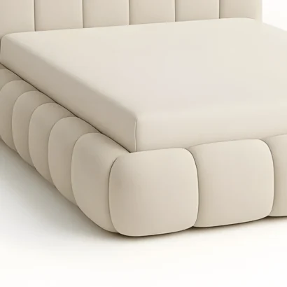 Cream modern upholstered bed featuring premium texture bouclé fabric in UAE
